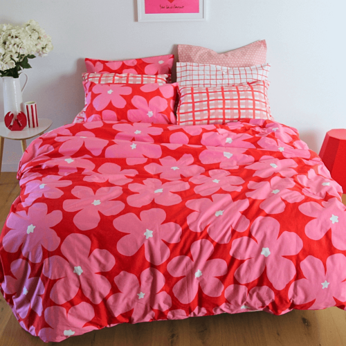 Super King NZ (265cm x 210cm)-Ruby Red &amp; Pink Flower Duvet Cover Set