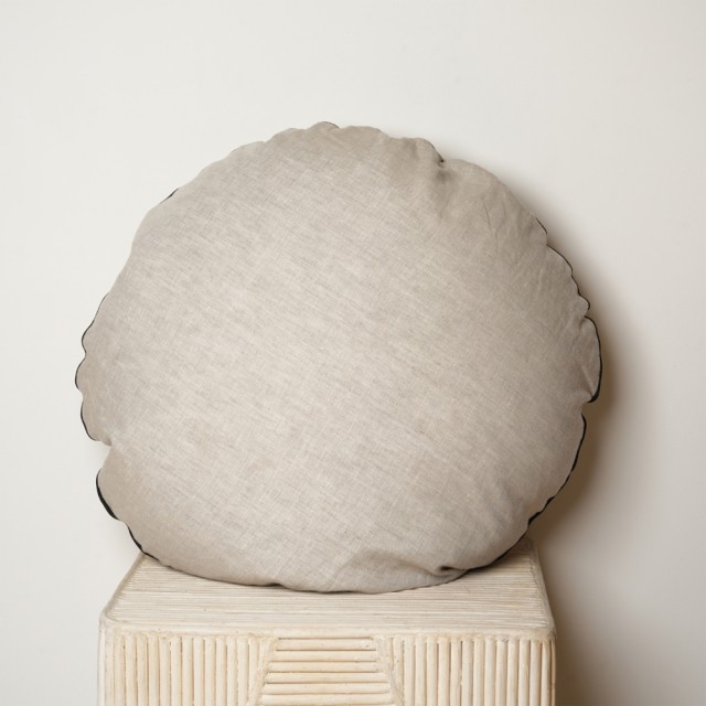 -100% French Flax Linen Piped Round Cushion - Natural Oat/Black