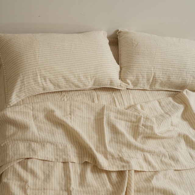 -100% French Flax Linen Sheet Set - Sand Stripe